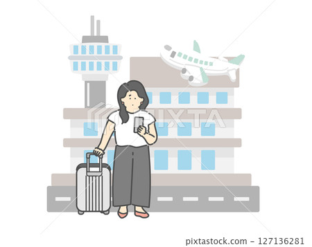 年輕女子旅行機場飛機建築插畫 127136281