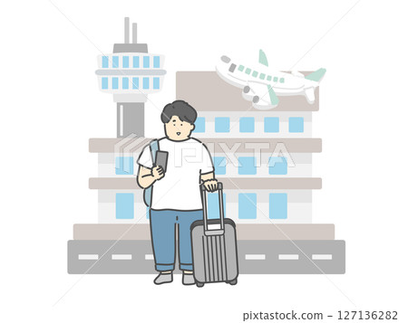 Young man traveling airport airplane building illustration 127136282