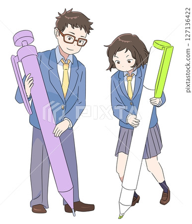 Illustration set of male and female students studying hard with pens that can be used as study materials 127136422