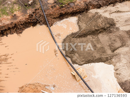 Rain. Construction. Puddles. Mud. View from above. Rain. Construction. Puddles. Mud. View from above. 127136593