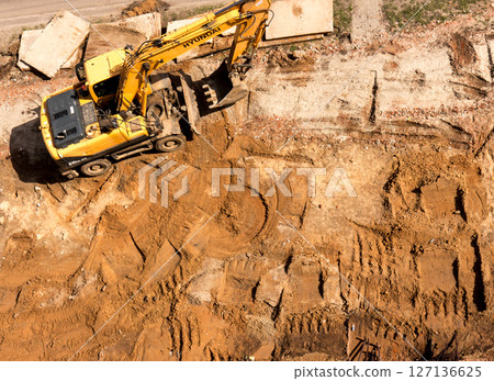 Hyundai excavator. The Architecture backgrounds and objects. Home construction. Hyundai excavator. The Architecture backgrounds and objects. Home construction. 127136625