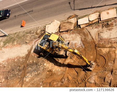 Hyundai excavator. The Architecture backgrounds and objects. Home construction. Hyundai excavator. The Architecture backgrounds and objects. Home construction. 127136626