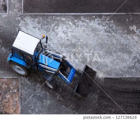 Tractor and Architecture backgrounds and objects. Sidewalk. Cleaner. View from above. Tractor and Architecture backgrounds and objects. Sidewalk. Cleaner. View from above. 127136628