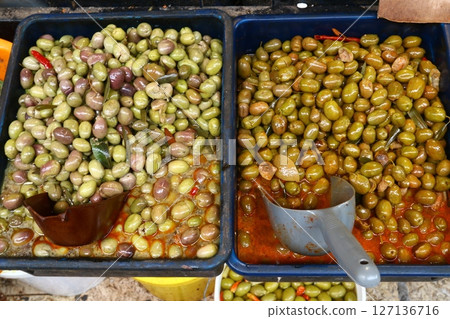 Pickled vegetables are sold at a market in Israel. 127136716