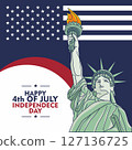 Festive US Independence Day banner with turquoise vector outline of Statue of Liberty, US flag. National symbol of America, New York 127136725