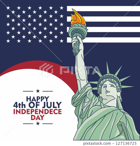 Festive US Independence Day banner with turquoise vector outline of Statue of Liberty, US flag. National symbol of America, New York 127136725