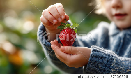 Close-up of small child holding a fresh ripe strawberry in both hands outdoors, wearing a warm sweater. Capturing a moment of curiosity and nature. Childhood discovery. 127136806