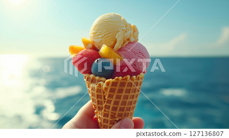 Close-up of colorful ice cream cone with fruit toppings held in hand against a sunny seascape background. Refreshing summer treat by the ocean. Sweet and vibrant. 127136807