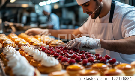 Male pastry chef in white uniform and gloves decorating fruit desserts with raspberries in a professional kitchen. Artisan preparation of elegant gourmet sweets. Culinary precision. Male pastry chef in white uniform and gloves decorating fruit desserts with raspberries in a professional kitchen. Artisan preparation of elegant gourmet sweets. Culinary precision. 127136824