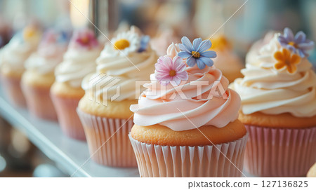 Close-up of beautifully decorated vanilla cupcakes with pastel-colored cream and small edible flowers arranged in a row on a tray. Soft background blur enhances focus. Sweet and delicate. 127136825
