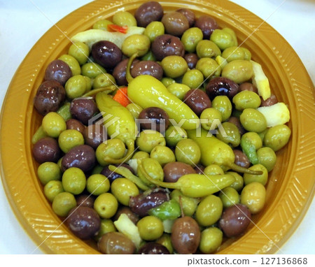 Pickled vegetables are sold at a market in Israel. 127136868