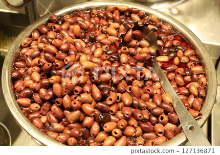 Pickled vegetables are sold at a market in Israel. 127136871