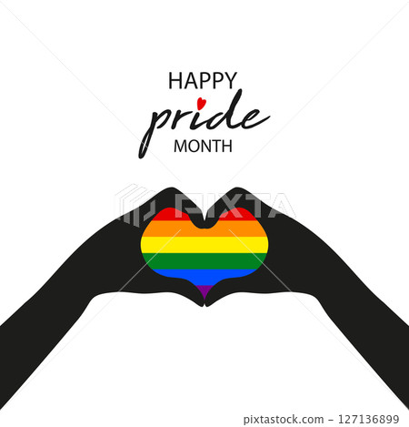 Happy Pride Month, Two hands forming a LGBTQIA heart shape, Gay Pride Banner with LGBT Rainbow Flag sign. Colorful design element frame border vector isolated on white backgroun 127136899