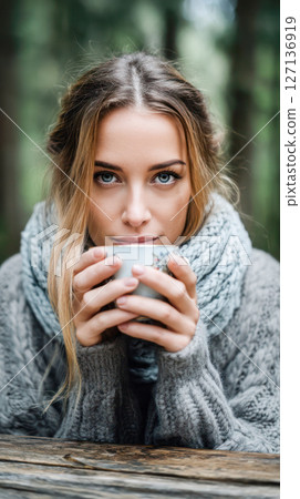 Young woman in cozy sweater holding a warm cup, surrounded by nature, exuding tranquility and comfort in a serene outdoor setting 127136919