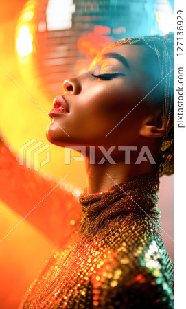 National Disco Day. Woman in shimmering gold outfit dances under disco ball, surrounded by vibrant lights and colorful atmosphere celebrating National Disco Day 127136929