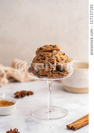 Golden chocolate chip cookies 127137193