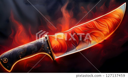 A knife with a red handle and a red leaf design A knife with a red handle and a red leaf design 127137459