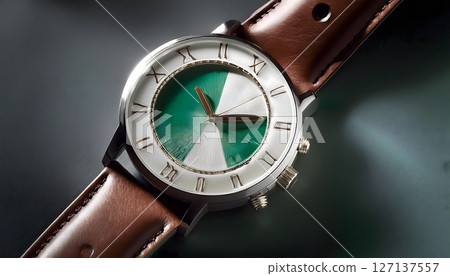 Stylish Green and White Watch with Brown Leather Strap 127137557