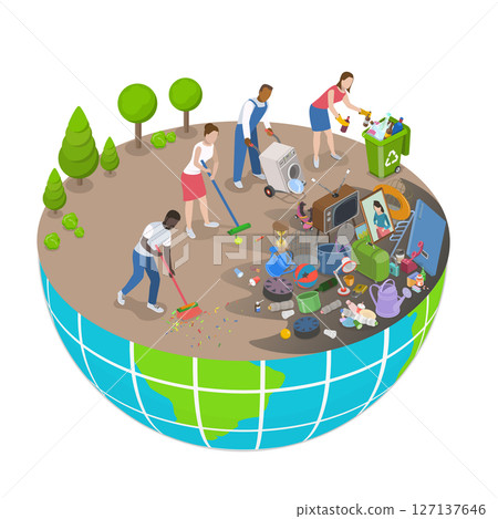 3D Isometric Flat  Illustration of Saving Planet, People Cleaning Garbage on Earth Area 127137646
