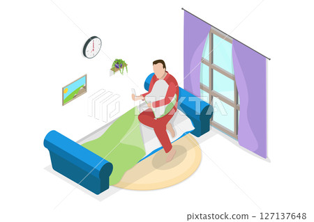 3D Isometric Flat Illustration of Waking Up With Smartphone, Man Relaxing On Bed With a Gadget 3D Isometric Flat Illustration of Waking Up With Smartphone, Man Relaxing On Bed With a Gadget 127137648