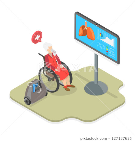 3D Isometric Flat  Illustration of Oxygen Therapy, Breathing With Oxygen Support 127137655