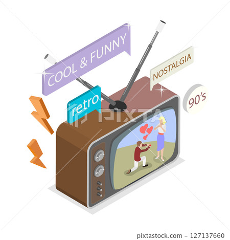 3D Isometric Flat Illustration of Retro TV, 90s Television Poster 3D Isometric Flat Illustration of Retro TV, 90s Television Poster 127137660