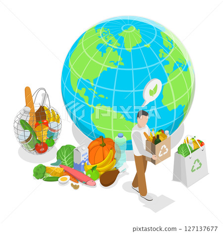 3D Isometric Flat Illustration of Eco Friendly Shopping, Promoting Environmental Sustainability 3D Isometric Flat Illustration of Eco Friendly Shopping, Promoting Environmental Sustainability 127137677