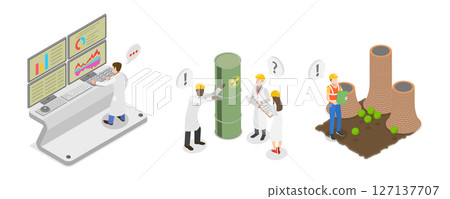 3D Isometric Flat  Illustration of Nuclear Energy, Power Generation Plant 127137707
