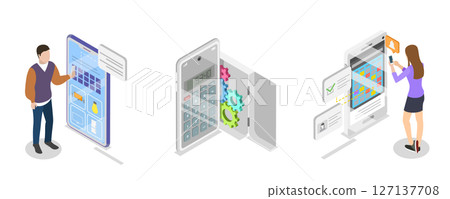 3D Isometric Flat  Illustration of Useful Mobile Apps, Popular Applications 127137708