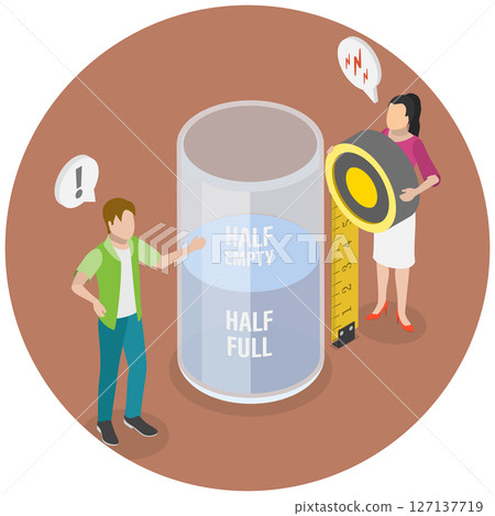 3D Isometric Flat  Illustration of Optimist And Pessimist, Half Full and Half Empty Glass 127137719