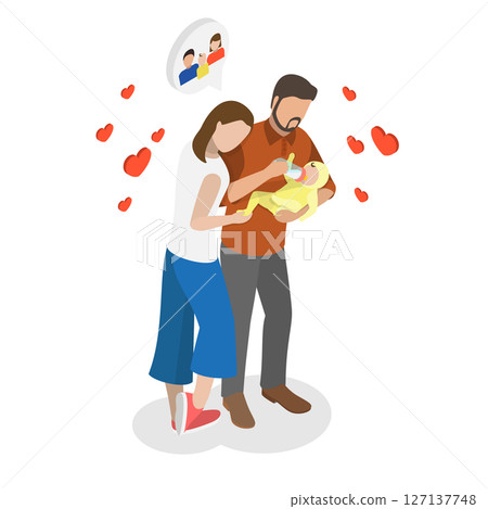 3D Isometric Flat Illustration of Happy Young Parents, Newborn Baby 3D Isometric Flat Illustration of Happy Young Parents, Newborn Baby 127137748