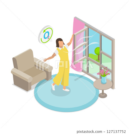 3D Isometric Flat  Illustration of Home Ventilation, Wind And Fresh Air In Living Spaces 127137752