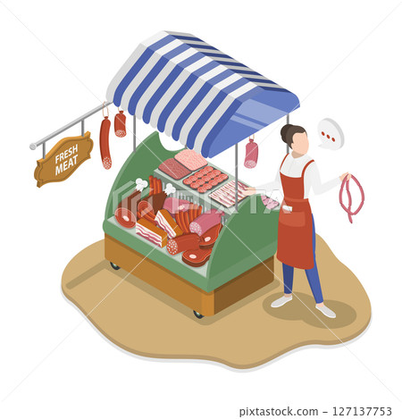 3D Isometric Flat  Illustration of Fresh Meat Store, Butcher Shop 127137753