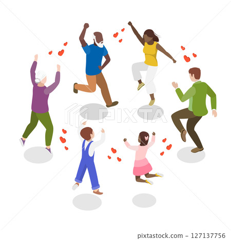 3D Isometric Flat  Illustration of Having Fun Together, Three Generations Of Family Jumping And Laughing Joyfully 127137756