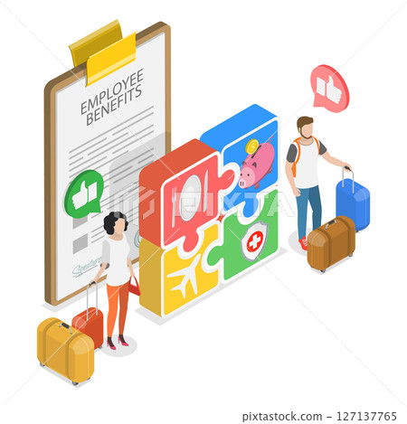 3D Isometric Flat  Illustration of Employee Benefits Package, Implementing Essential Workplace Perks For Employees 127137765