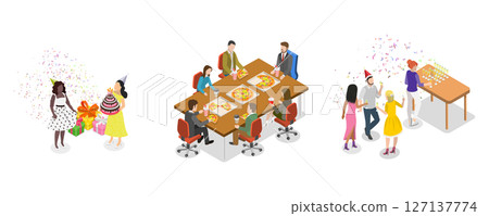 3D Isometric Flat Illustration of Office Team Events, People Having Fun 3D Isometric Flat Illustration of Office Team Events, People Having Fun 127137774