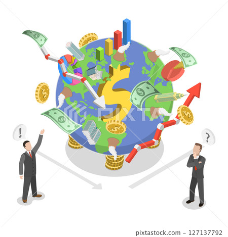 3D Isometric Flat  Illustration of Global GDP, Money Study and Basic Economy 127137792