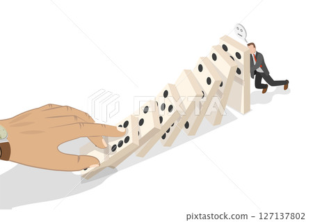 3D Isometric Flat  Illustration of Domino Effect, Strategy for Preveting a Disaster 127137802
