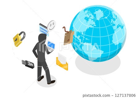 3D Isometric Flat  Illustration of Digital Fraud, Hacker Activity, Online System Security 127137806