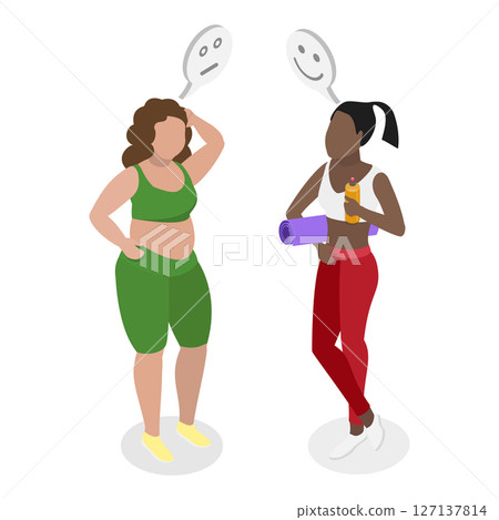 3D Isometric Flat  Illustration of Female Fitness Trainer, Before and After Losing Weight 127137814