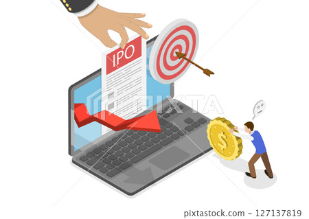 3D Isometric Flat  Illustration of Initial Public Offering, IPO, Launch and Strategy of Public Stock 127137819