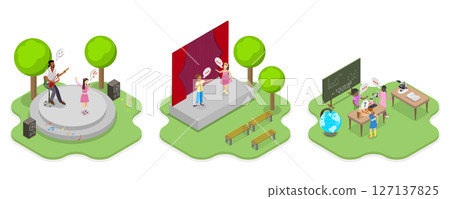 3D Isometric Flat  Illustration of Summer Vacation Camps, Hobbies and Performance 3D Isometric Flat  Illustration of Summer Vacation Camps, Hobbies and Performance 127137825