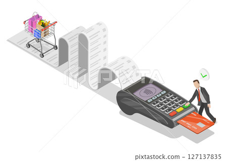 3D Isometric Flat  Illustration of Grocery Contactless payment, POS Terminal with NFC Technology 127137835