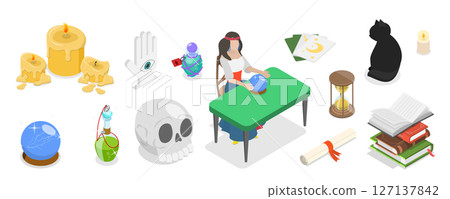 3D Isometric Flat Set of Fortune Teller, Crystal Ball And Candles 3D Isometric Flat Set of Fortune Teller, Crystal Ball And Candles 127137842