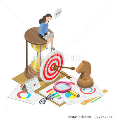 3D Isometric Flat  Illustration of Planning To Achieve Goal, Business Strategy 127137844