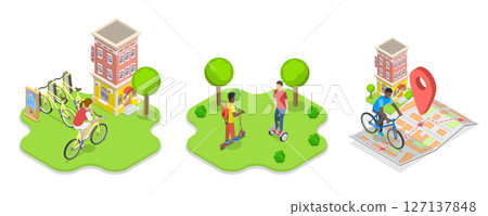 3D Isometric Flat  Illustration of Urban Transportation, Eco Friendly Transport 127137848