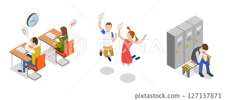 3D Isometric Flat  Illustration of Educational Exams, University Students Life 127137871