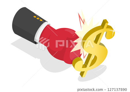 3D Isometric Flat Illustration of De-dollarization, Businessman With Boxing Glove Punching Dollar Sign 3D Isometric Flat Illustration of De-dollarization, Businessman With Boxing Glove Punching Dollar Sign 127137890