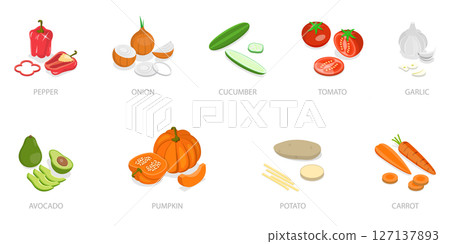 3D Isometric Flat  Set of Fresh Sliced Vegetables, Healthy Food 127137893