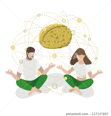 3D Isometric Flat  Illustration of Combination of Healthy Habits for Wellbeing, Keeping Mind in Peace 127137897